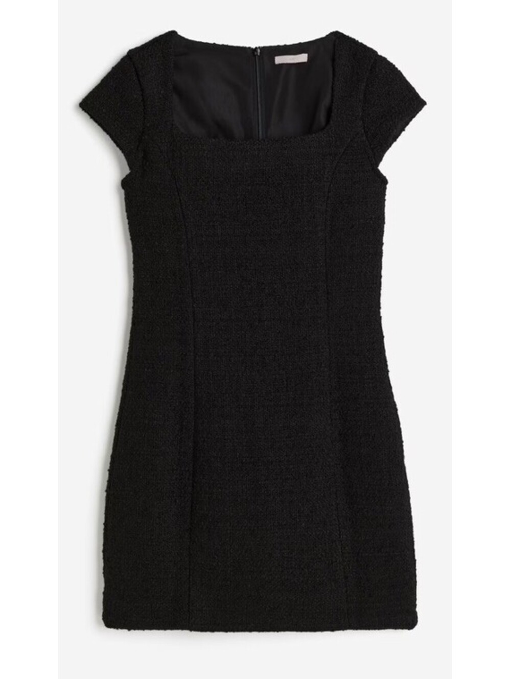 NWT H&M Short Cap Sleeve Square Neck Bouclé Tweed Mini Dress in Black Size Small